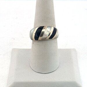 Estate Sterling Silver 925 Inlay Band Ring Black Onyx & Mother of Pearl Sz 8